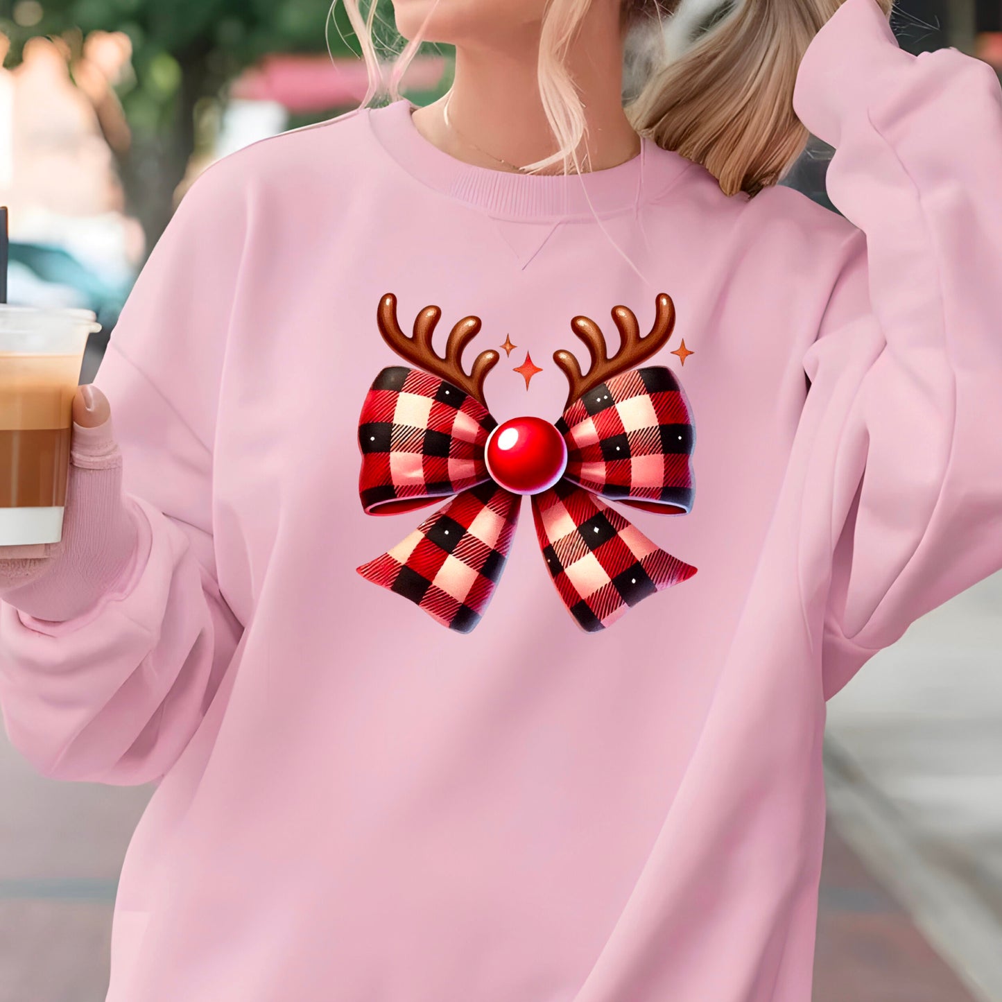 Christmas Rudolph Plaid Coquette Bow Sweatshirt