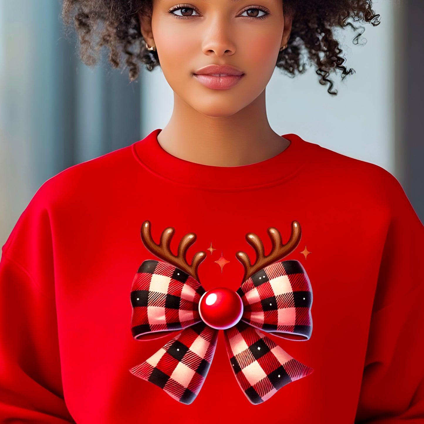 Christmas Rudolph Plaid Coquette Bow Sweatshirt