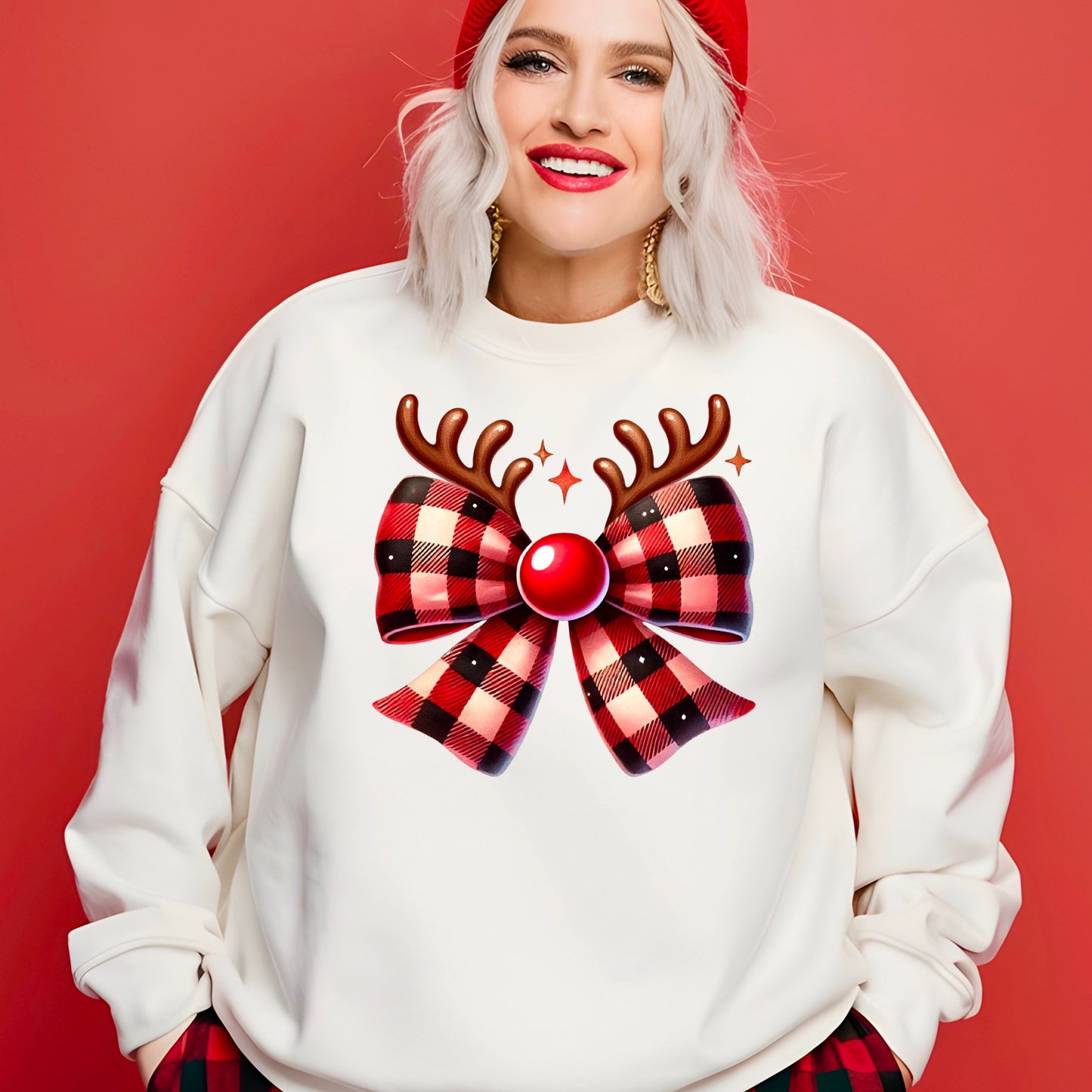 Christmas Rudolph Plaid Coquette Bow Sweatshirt