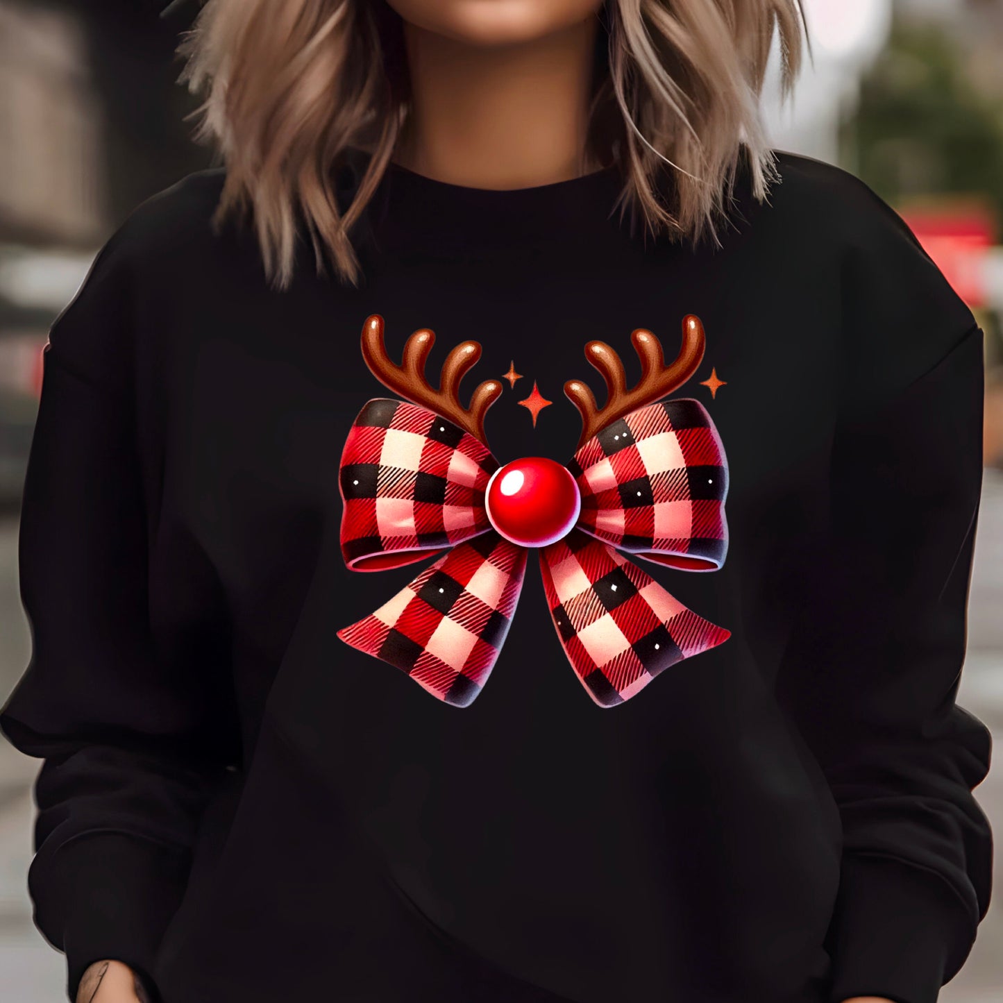 Christmas Rudolph Plaid Coquette Bow Sweatshirt